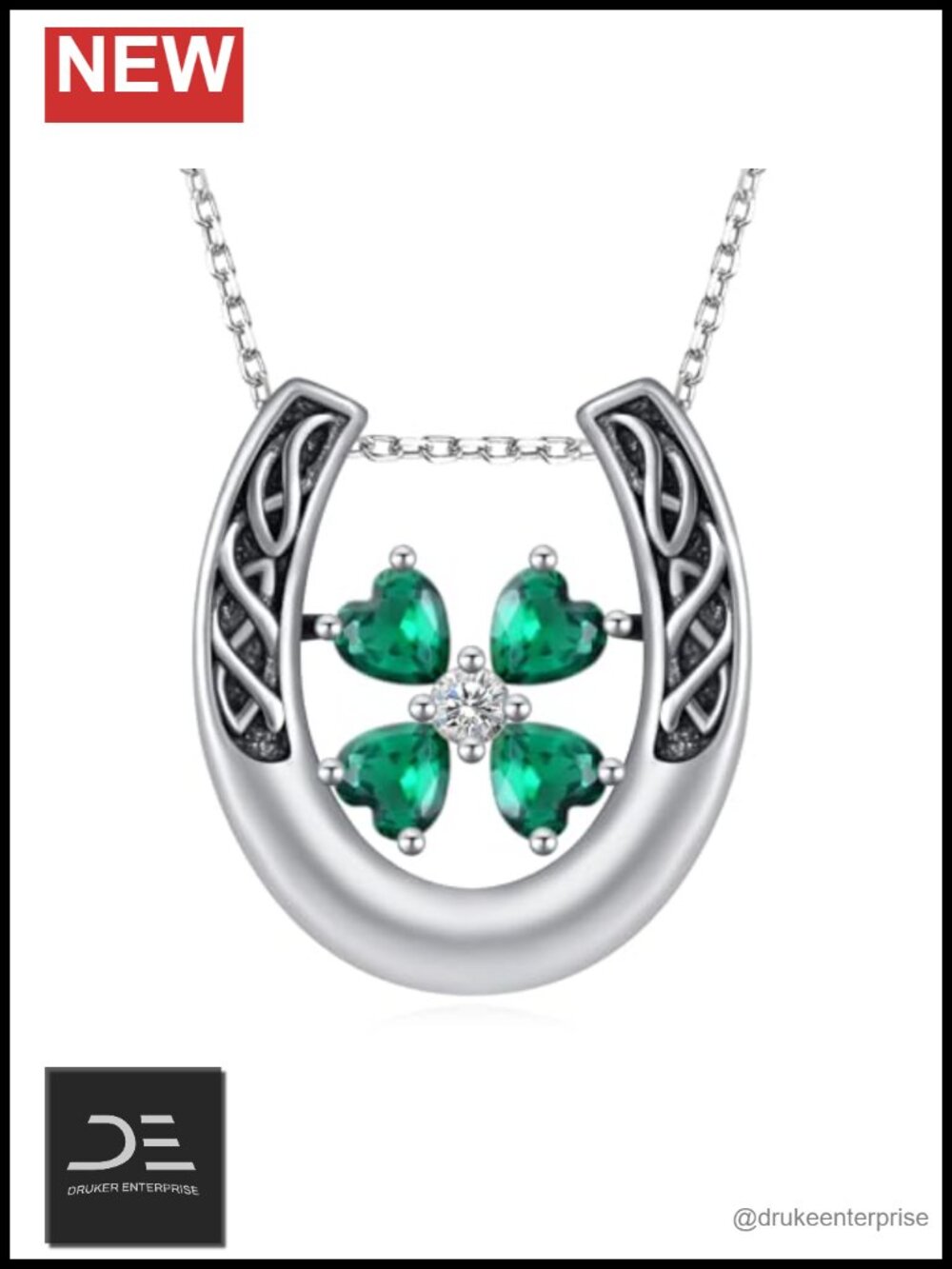 Sterling Silver Four Leaf Clover Horseshoe Pendant Necklace, St Patrick's Day
